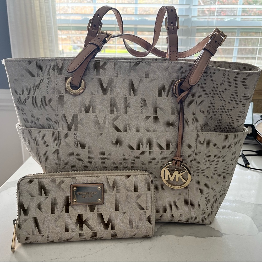 Cream & Tan Michael Kors “vintage” purse & wallet combo